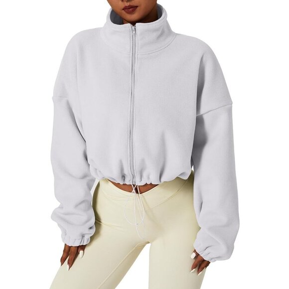 Jackets & Blazers - Women's White Zip Fleece Warm Winter Long Sleeve Stand Collar Sherpa Jacket